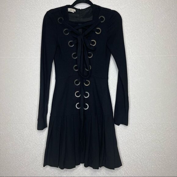 Givenchy Lace Up Long Sleeve Pleated Wool Dress Black 36